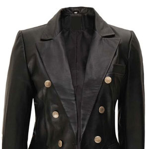 Women's Black Genuine Lambskin <b>Leather</b> <b>Blazer</b> Double-Breasted Slim Fit <b>Jacket</b> Custom Fashion Coat 2026 - Product Image 4