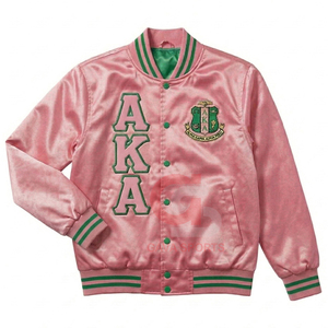 Blouson bomber coupe-vent vintage décontracté pour femme, style universitaire, en satin rose et vert, avec lettres grecques de la sororité AKA, pour femmes, collégiennes et étudiantes des HBCU. - Product Image 1