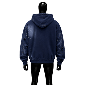 Sudadera con capucha vintage azul marino desgastada con cremallera, estilo urbano oversize, de tejido grueso, con efecto descolorido, estilo grunge, rasgada, con salpicaduras de pintura, unisex, French Terry - Product Image 2