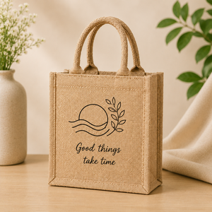 Bolsa de Compras de Yute Ecológica, Tamaño Mediano, Moderna, Reutilizable, Promocional, Diseño 'Good Things Take Time' - Product Image 4