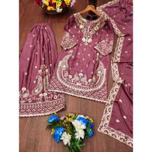 Traje Sharara de Chinon Bordado de Diseñador y Dupatta, Ropa India y Pakistaní - Product Image 2