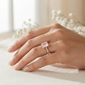 925 Sterling <b>Silver</b> Classic Natural Rose Quartz <b>Emerald</b> Cut Handmade <b>Ring</b> for Wedding Engagement Anniversary or Party Gift - Product Image 5