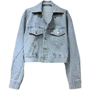 Solid Color Long Sleeve Pocket Diamond <b>Crop</b> <b>Jacket</b> Women Washed Fashion Rhinestone Ladies <b>Denim</b> <b>Jacket</b> Streetwear Outerwear - Product Image 1