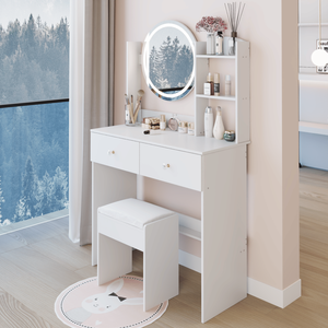 Tavolo da Trucco con Specchio LED da 17 Pollici, Sgabello Imbottito, Grande Specchio con Interruttore Touch, 3 Colori e Regolazione della Luminosità - Product Image 6