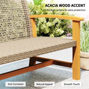 3 Seat Wicker Outdoor Patio <b>Sofa</b> Acacia Wood Furniture with Steel Armrests 1000 LBS Capacity Teak <b>Waterproof</b> Cushion - Product Image 6