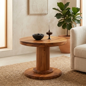 New Modern Minimalist Rhodes <b>Round</b> Coffee <b>Table</b> Natural Solid Teak Wood Pedestal Base Center Tea Accent <b>Table</b> Living Room Patio - Product Image 3