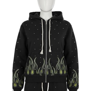 Conjunto Deportivo Negro con Capucha para Mujer, con Estampado de Llamas y Puntos, Cierre de Cremallera en Manga Larga, Pantalones Holgados Casuales, Ropa de Otoño - Product Image 5