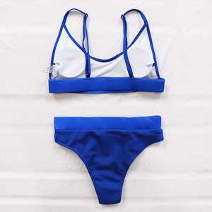 Women's Blue Solid Color Bikini Set Deep V Neck Triangle Top <b>Thong</b> Bottom Stretch Swimwear Regular Fit Knitted Spandex Polyester - Product Image 2