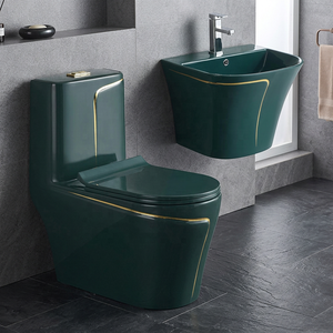 Conjunto de Inodoro de Una Pieza y Lavabo Suspendido en Gris de Lujo con Línea Dorada para Hoteles de Primera Categoría - Product Image 6