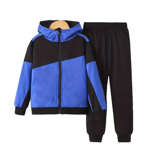 <b>Boys</b> Blue Black Color Blocking Hooded Tracksuit Set Full Sleeve Casual Autumn Wear With Side Pockets Elastic Waist 2027 - Product Image 1