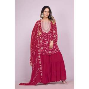 Conjunto elegante de mujer de diseño Georgette Sharara con bordado Dupatta - Product Image 5