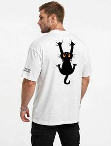 ONETEN APPAREL เสื้อยืดคอกลมแขนสั้นผู้ชายสีขาวพิมพ์ลายการ์ตูนแมวดำ - Product Image 4