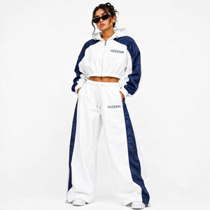 Vocksin – Survêtement coupe-vent à capuche blanc et bleu marine pour femme, séchage rapide, 100 % polyester, imperméable, veste zippée, pantalon large longueur intégrale - Product Image 1