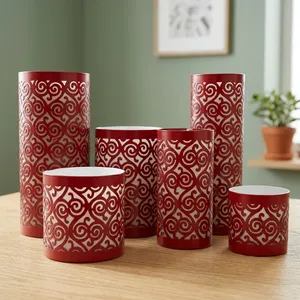 <b>Red</b> Cylinder Metal <b>Candle</b> Holders With White Scroll Cutout Design For Home Decoration - Product Image 1