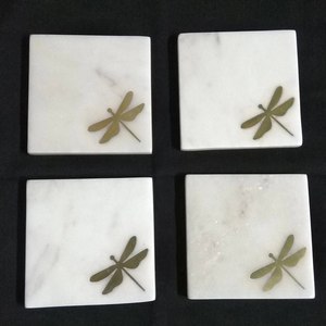 Modern Style <b>Marble</b> <b>Coaster</b> with Brass Dragon Fly Design Non-Slip Reusable Mats & Pads Table Decoration Placemat - Product Image 4