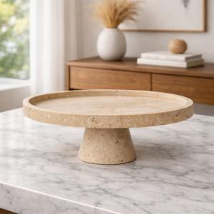 Présentoir de service en marbre travertin, plateau de présentation de gâteaux en pierre naturelle de luxe, bol centre de table moderne, fait main, vente en gros - Product Image 1