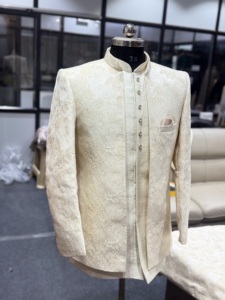Chaqueta Sherwani color crema dorado para hombre, ropa étnica india para bodas, elegante chaqueta con cuello alto - Product Image 3