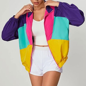 Chaqueta Ligera de Mujer con Bloques de Color y un Solo Botón, Estilo Patchwork Deportivo, Cortavientos Retro de los 80, Ropa Deportiva para Correr al Aire Libre - Product Image 4
