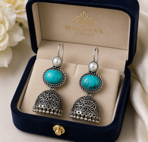 Pendientes Jhumka de Piedra Turquesa |   Joyería Étnica de Plata Oxidada al por Mayor - Product Image 4