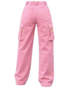 Vaqueros Cargo de Mezclilla Rosa Personalizados de Cintura Alta y Pierna Ancha con Bolsillos con Cremallera, Estilo Urbano, Pantalones Casuales Holgados para Mujer, OEM Personalizado - Product Image 2