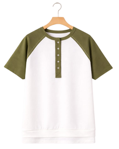 Women White Olive Green Raglan Sleeve Henley T Shirt Cotton Blend Short Sleeve Casual Summer <b>Top</b> Comfortable Lightweight Tee - Product Image 1