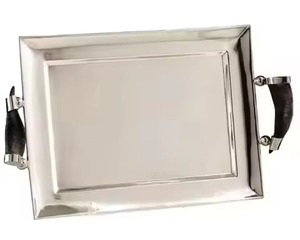 Plateau de service rectangulaire en acier inoxydable poli de qualité alimentaire, design populaire, avec poignées latérales incurvées couleur corne foncée - Product Image 1