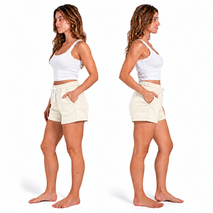 Shorts en molleton de coton beige uni pour femme, taille mi-haute, avec cordon de serrage et poches, décontractés, tricotés, coupe régulière, respirants - Product Image 6