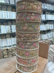 Premium 3D Floral Embroidery <b>Lace</b> with Hand-Applied Beads and Multi-Color Flower Work Textile Trim for Bridal Wear and Decoratio - Product Image 1