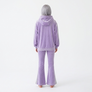 Custom Embroidered Women's <b>Velvet</b> Tracksuit Hooded Zip Jacket Bell Bottom Pants Side Stripe Two Piece Set Tracksuit - Product Image 2