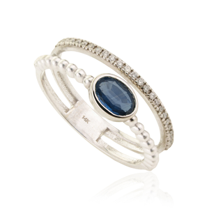 Bague double en or blanc 14 carats massif avec saphir bleu et diamants de qualité supérieure, élégante, faible MOQ, vente en gros, meilleur prix, bijoux - Product Image 3