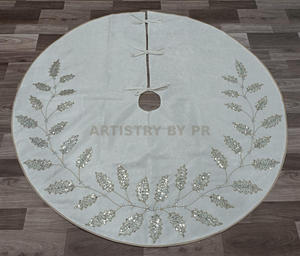 Hand-Beaded White Silver Holly Leaf Christmas Tree <b>Skirt</b> 48 Inch Premium Velvet Holiday Decor Wholesale Artistry By PR India - Product Image 1