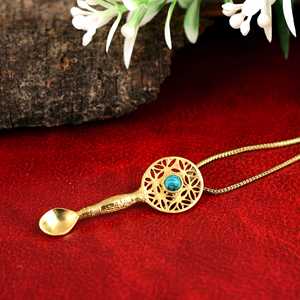 Pendentif cuillère plaqué or avec pierre turquoise, collier vintage en alliage, bijoux de mode unisexe - Product Image 3