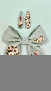 Handmade Embroidered Floral Hair Bow & Clip <b>Set</b> for Girls Pink <b>Linen</b> Hair Accessories Collection Boutique Comfortable Hair Bows - Product Image 6