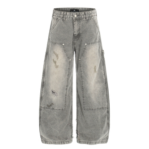 Pantalon de bûcheron délavé style américain unisexe, coupe ample, coupe droite, décontracté, coupe incurvée, en jean - Product Image 5