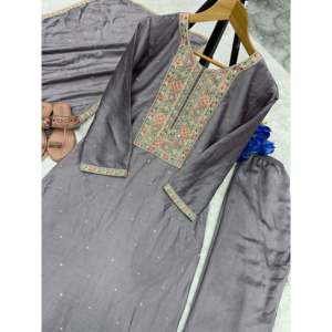 Magnifique ensemble de fête en mousseline avec broderies : haut, pantalon palazzo et dupatta - Product Image 1