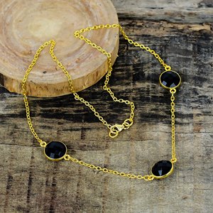 Natural <b>Black</b> Onyx Round Shape Charm Gemstone <b>Chain</b> Necklace 18k Gold Micron Over 925 Sterling Silver - Product Image 3