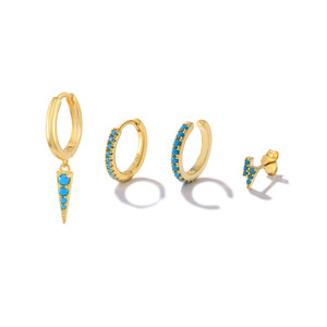 Ensemble de boucles d'oreilles créoles en turquoise CZ, style goutte d'éclair en argent sterling 925 doré - Product Image 2