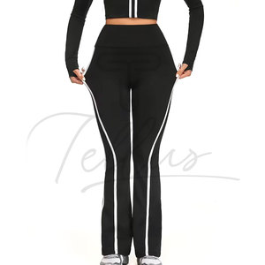 Pantalon de yoga taille haute longueur intégrale avec imprimé, bande latérale contrastante, taille élastique, en Spandex et Polyester, pour femme, entraînement et sport - Product Image 1