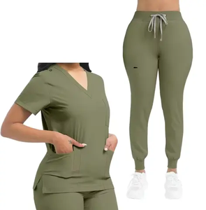 Ensembles d'uniformes médicaux pour femmes, haut à col montant et manches courtes, respirant, confortable, couleur personnalisable, deux pièces, tricoté extensible - Product Image 6
