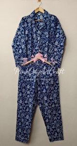 Premium Indigo Blue Hand-Block Floral Print Cotton Summer Quick Dry Breathable Lightweight Women's 2-Piece Pajamas Set - Product Image 6