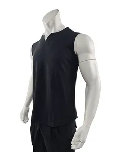 Men's <b>Black</b> O-Neck Solid Color Spandex Knitted Sleeveless <b>Tank</b> <b>Top</b> with Front Logo Casual Style - Product Image 2