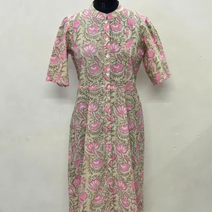 Vestido Midi Informal para Mujer, 100% Algodón Tejido, Estampado Floral Liso/Sólido, Detalles Estructurales, Manga Corta, Cintura Imperio, Estilo Babydoll - Product Image 1