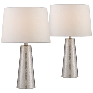 Lampe de table en argent martelé au design moderne, lot de 2, lampe de chevet de luxe, abat-jour en tissu blanc, décoration pour chambre à coucher et salon - Product Image 1