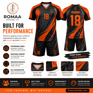 Ensemble de maillot de football personnalisé orange et noir, maillot sublimé, short, col en V, évacuation de l'humidité, extensible dans quatre directions, respectueux de l'environnement, adulte - Product Image 5
