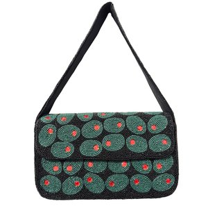 Sac à bandoulière rectangulaire brodé fait main, noir, vert, rouge, avec perles, artisanat textile, point de croix, broderie - Product Image 3