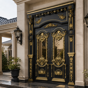 Porte d'entrée double de luxe noire et or ornée, style baroque, en métal et verre, pour villa, portail principal, entrée de manoir, design sécurisé, mobilier. - Product Image 3
