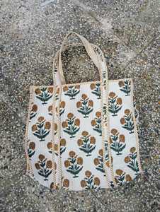 Quilted Cotton Handblock <b>Tote</b> Bag with Zipper Travel Shopping Bag Reusable Eco Friendly Women Shoulder Handbag - Product Image 2