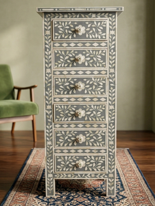 Commode en bois avec incrustations d'os de couleur turquoise, style bohème, meuble artisanal pour chambre à coucher, usage intérieur, tiroir haut avec incrustations d'os - Product Image 5