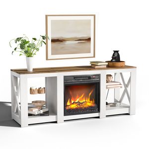 Mobiletto bianco lavato da 58 pollici con piano d'appoggio marrone e supporto per caminetto a doppia faccia - 147,3x40x60 cm - Product Image 1
