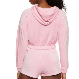 Ensemble crop top à capuche et short en velours de coton rose pour femme, décontracté, hiver, respirant, broderie, design épaules tombantes - Product Image 6